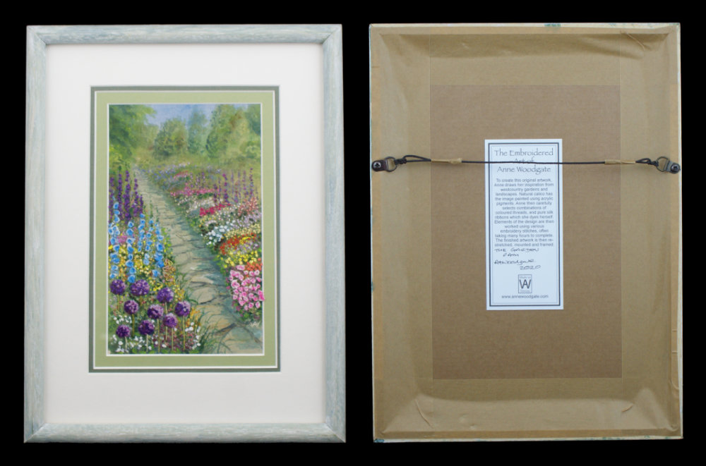 Completed embroidered picture, front and rear views.