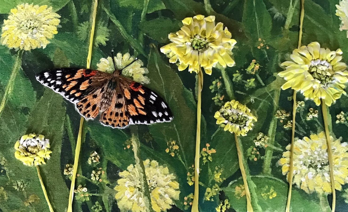 Painted Lady Butterfly on Giant Scabious Flowers, hand embroidered by Anne Woodgate.
