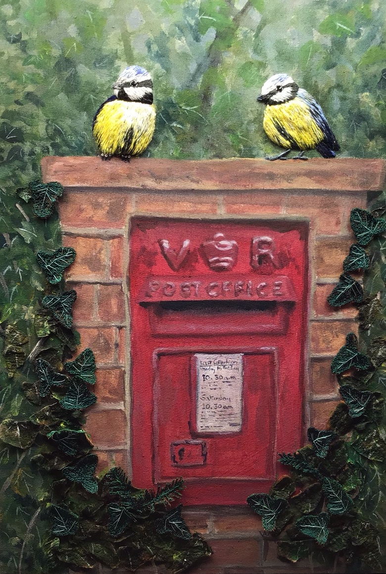 Blue Tits on a Letter Box, hand embroidered by Anne Woodgate.